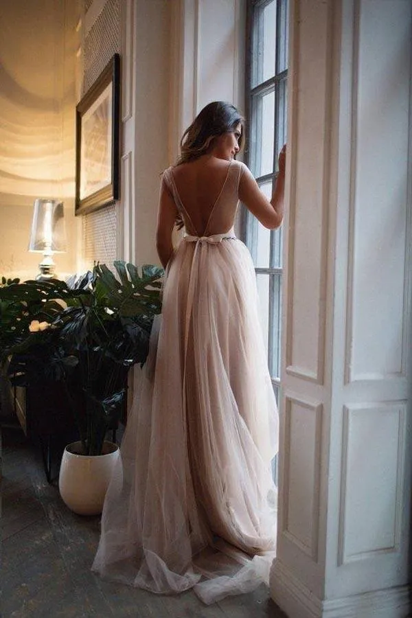 A-Line Illusion Neck Pink Sweep Train Backless Prom Dress with Appliques PG790