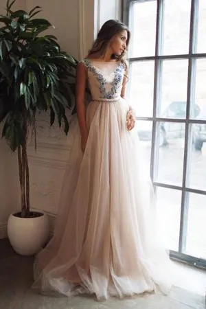 A-Line Illusion Neck Pink Sweep Train Backless Prom Dress with Appliques PG790