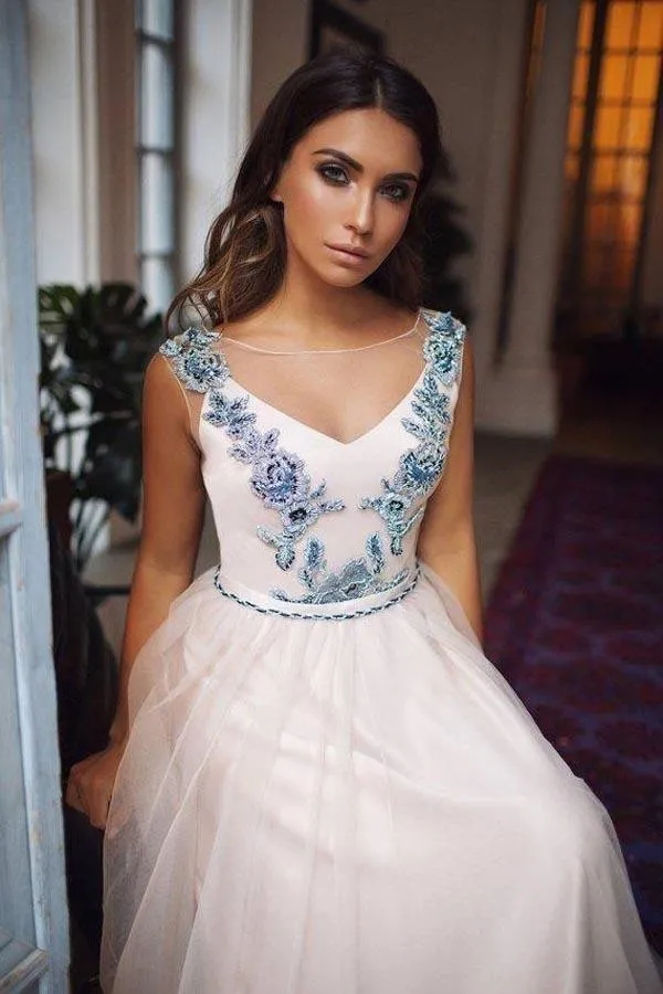 A-Line Illusion Neck Pink Sweep Train Backless Prom Dress with Appliques PG790