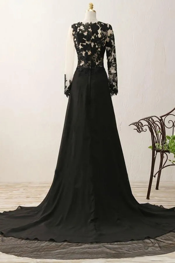 A-Line V-Neck Long Sleeves Split Black Prom Dress With Appliques TP0083