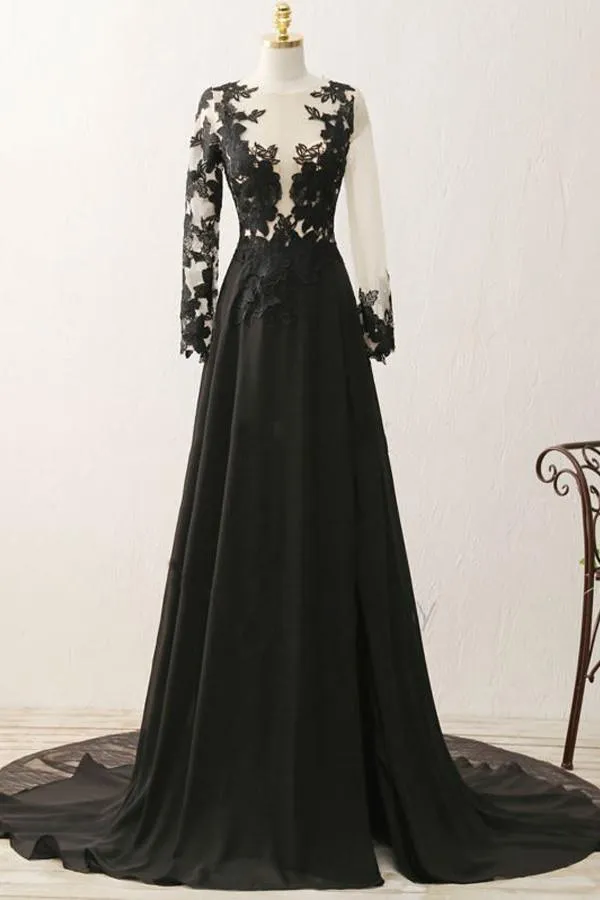 A-Line V-Neck Long Sleeves Split Black Prom Dress With Appliques TP0083