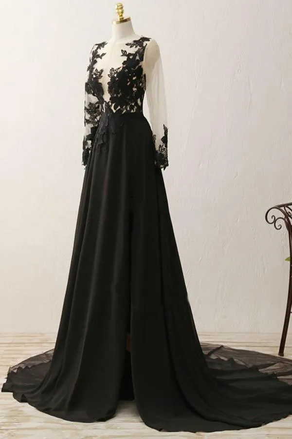 A-Line V-Neck Long Sleeves Split Black Prom Dress With Appliques TP0083