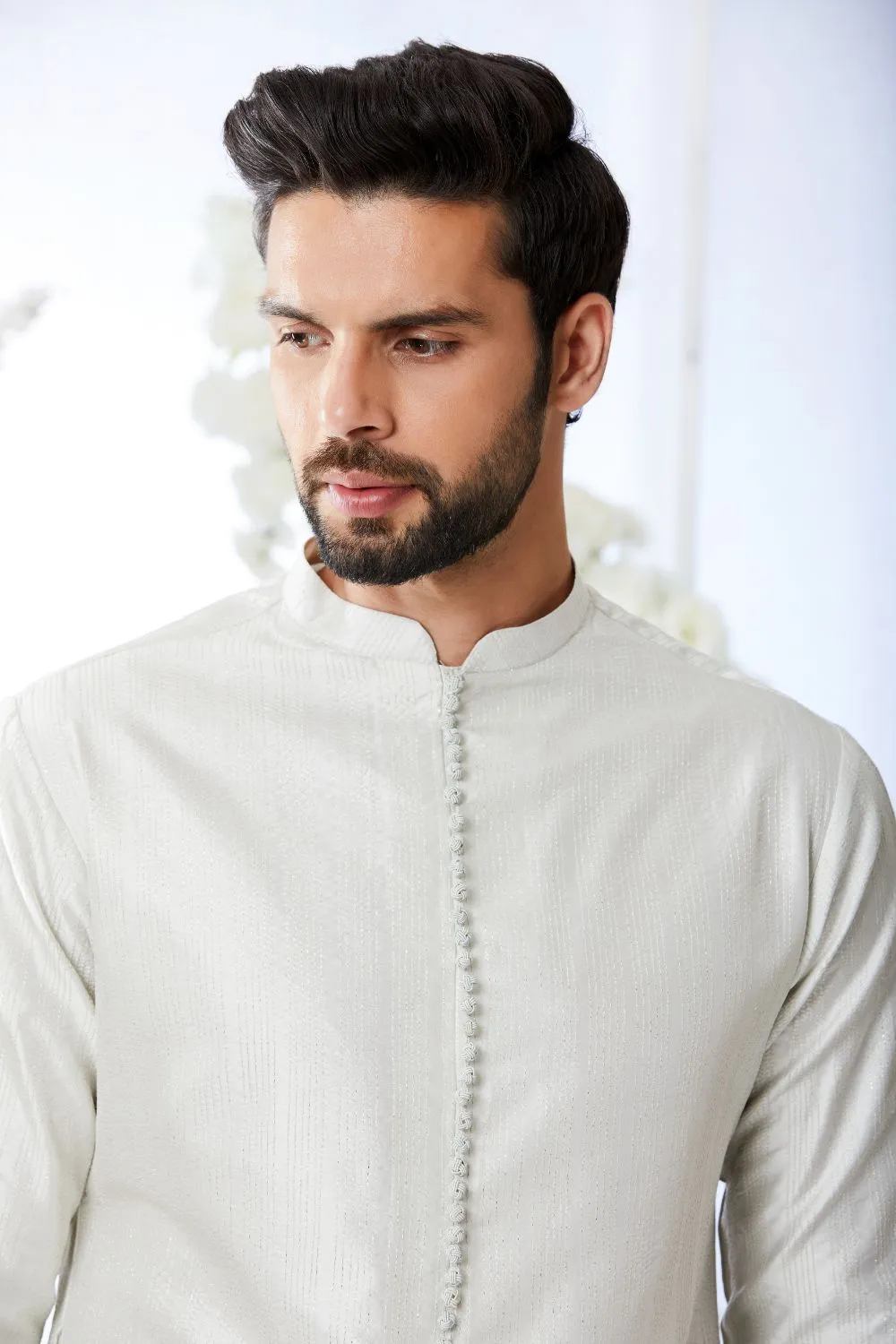 Anique Silver Open Short Sherwani Set