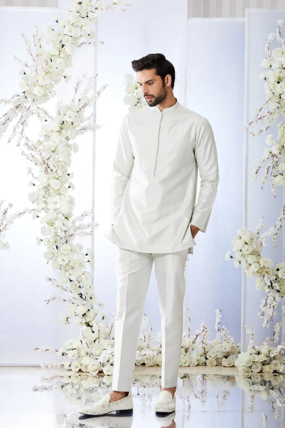 Anique Silver Open Short Sherwani Set