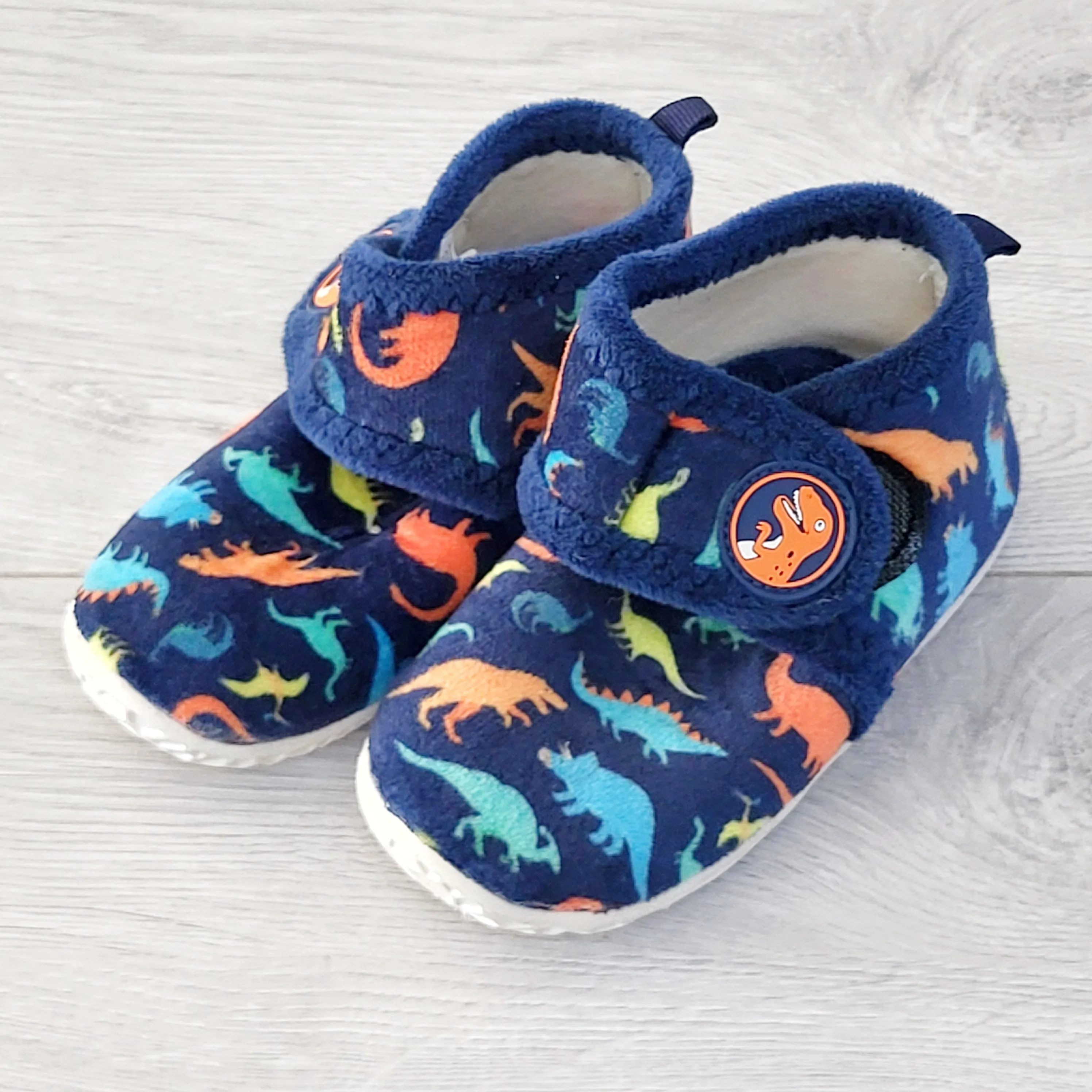AWAT2 - Navy dinosaur slippers with rubber soles. Size like a 5/6
