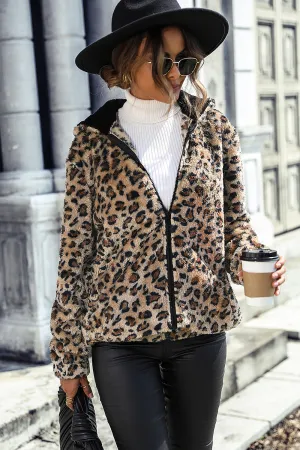 BerryBetty - Grey Leopard Fleece Hooded Zip Up Coat