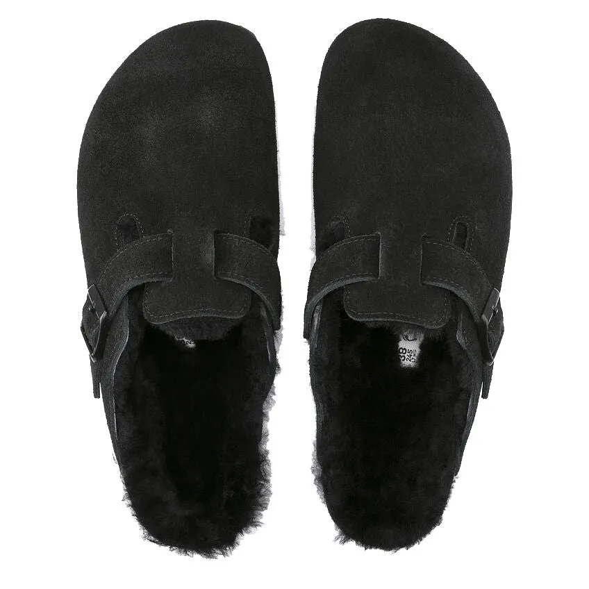 Birkenstock Boston Shearling Suede Leather Black Narrow Fit