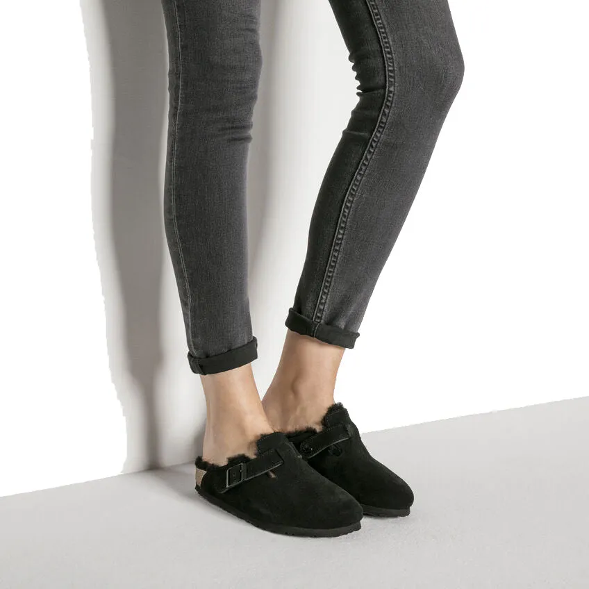 Birkenstock Boston Shearling Suede Leather Black Narrow Fit