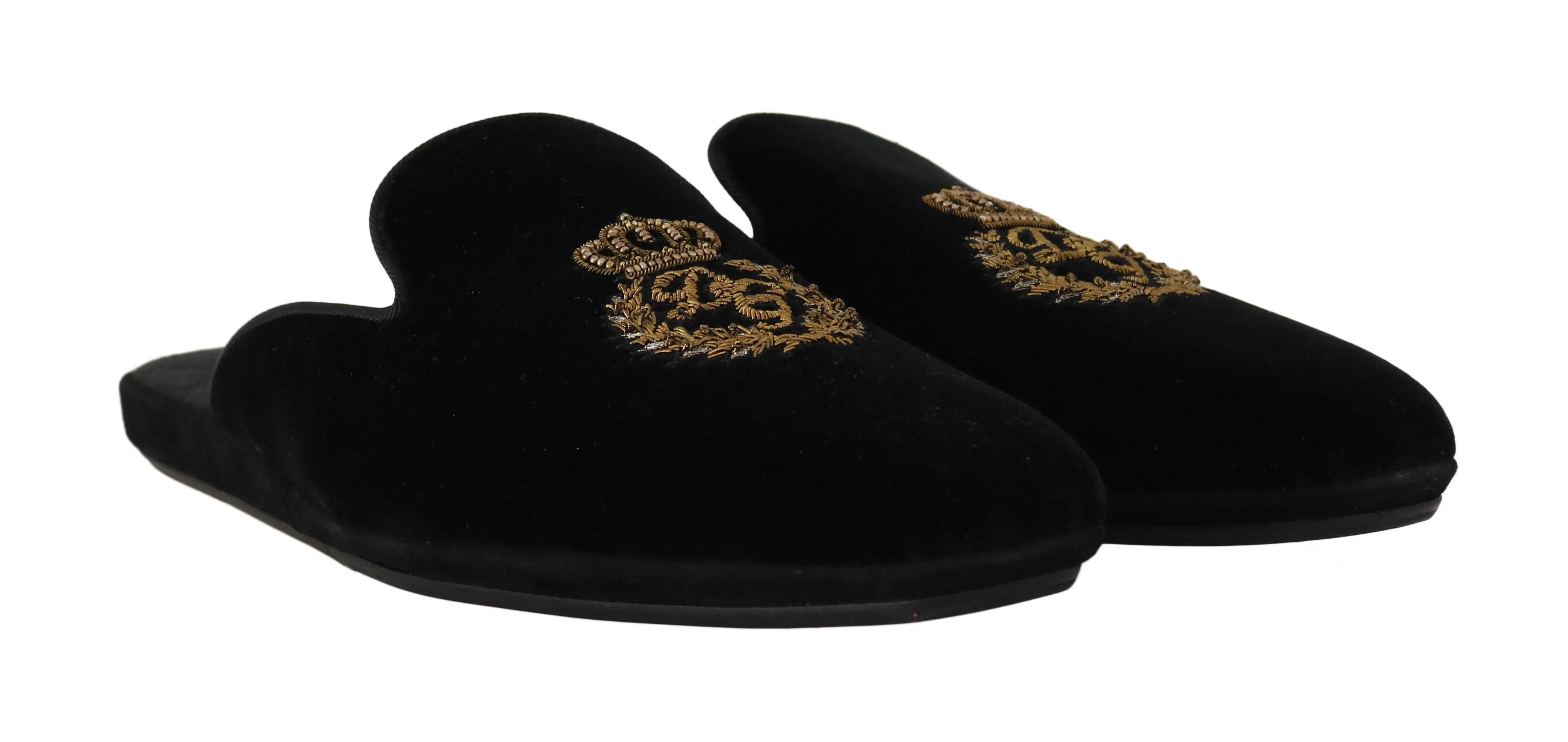 Black Velvet Gold Crown Slippers