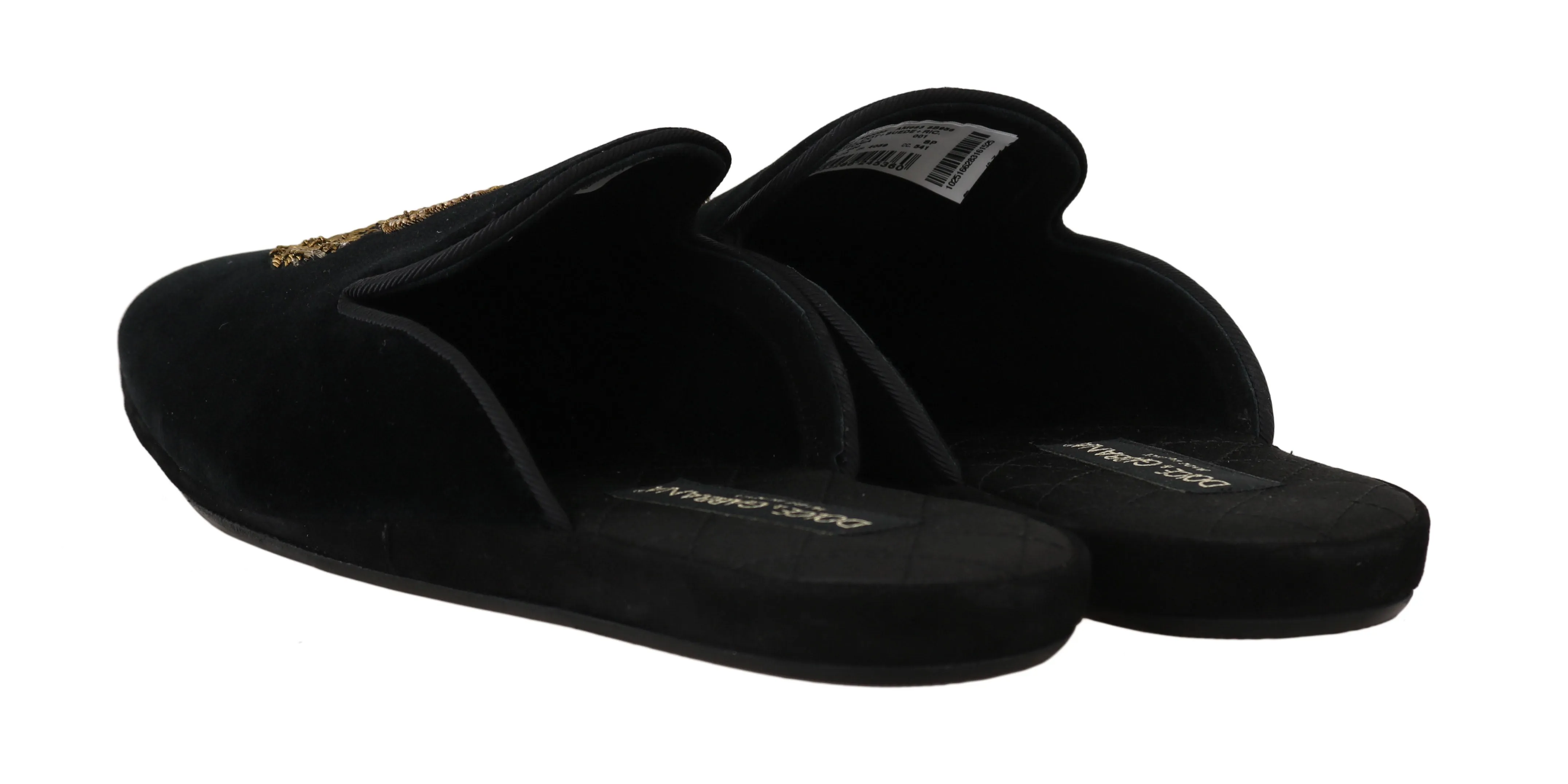 Black Velvet Gold Crown Slippers