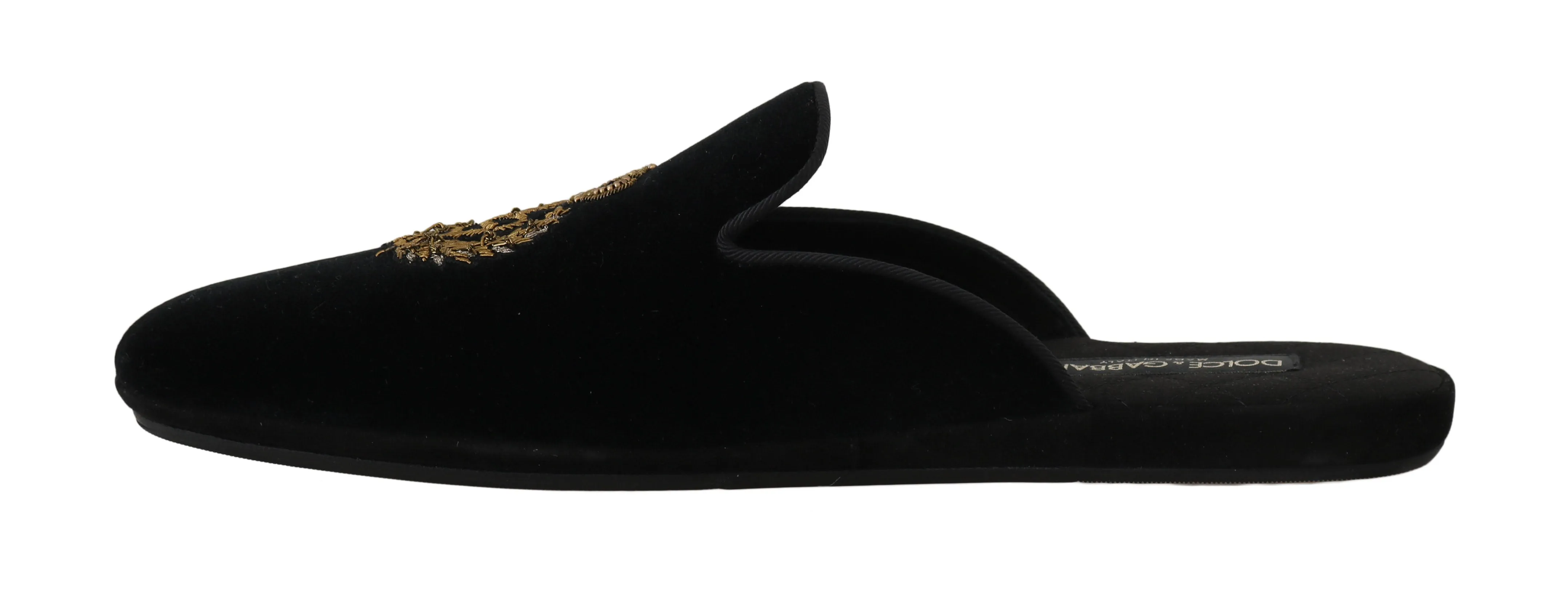 Black Velvet Gold Crown Slippers