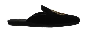 Black Velvet Gold Crown Slippers