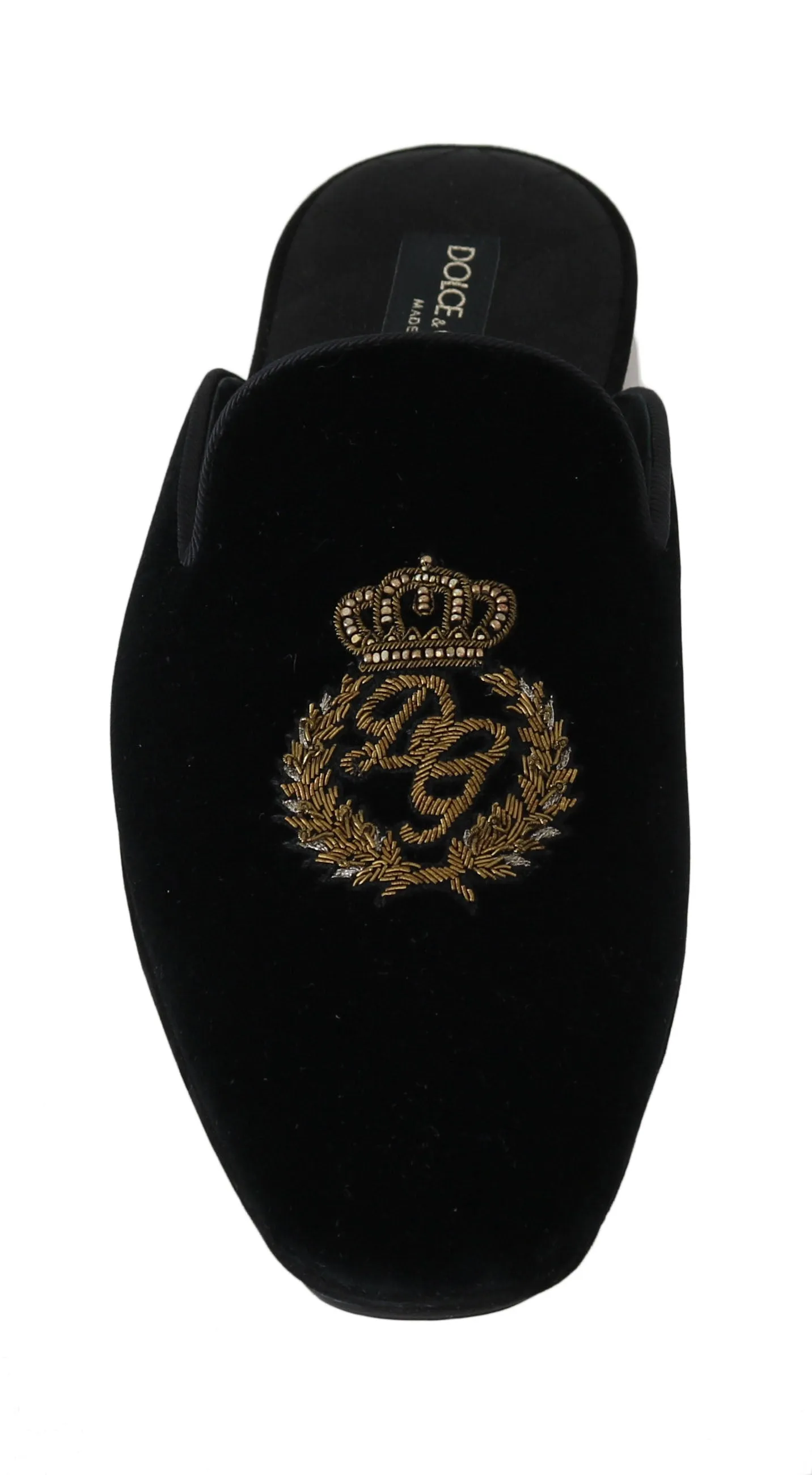 Black Velvet Gold Crown Slippers