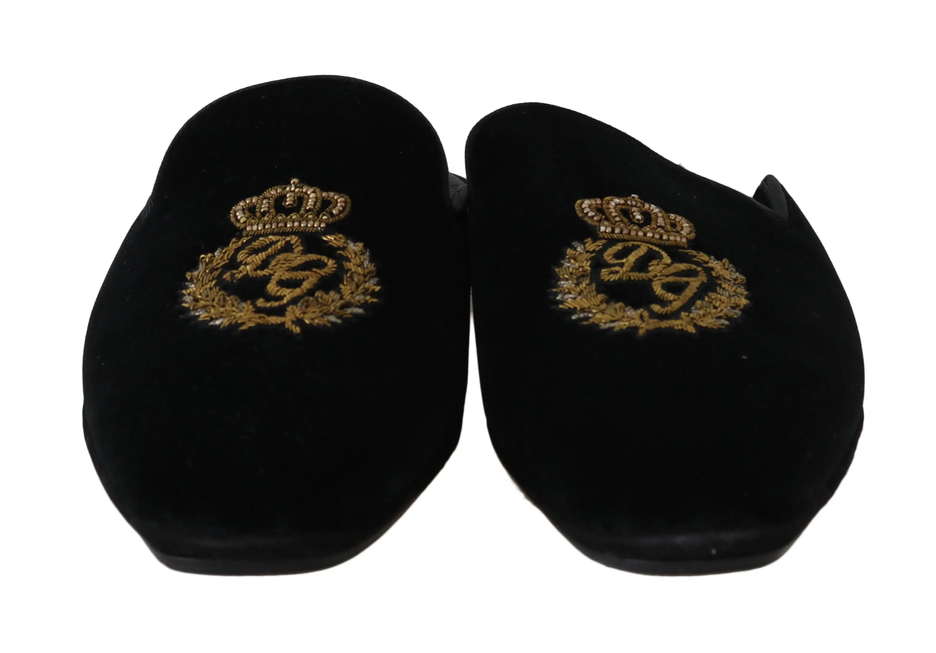 Black Velvet Gold Crown Slippers