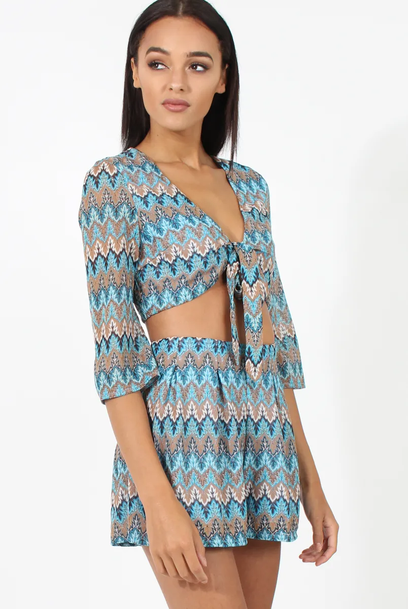 Blue Zig Zag Crochet Tie Front Co-ord - Adele
