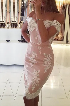Bodycon Off Shoulder Mid Back Cheap Homecoming Dress with Appliques, MH264