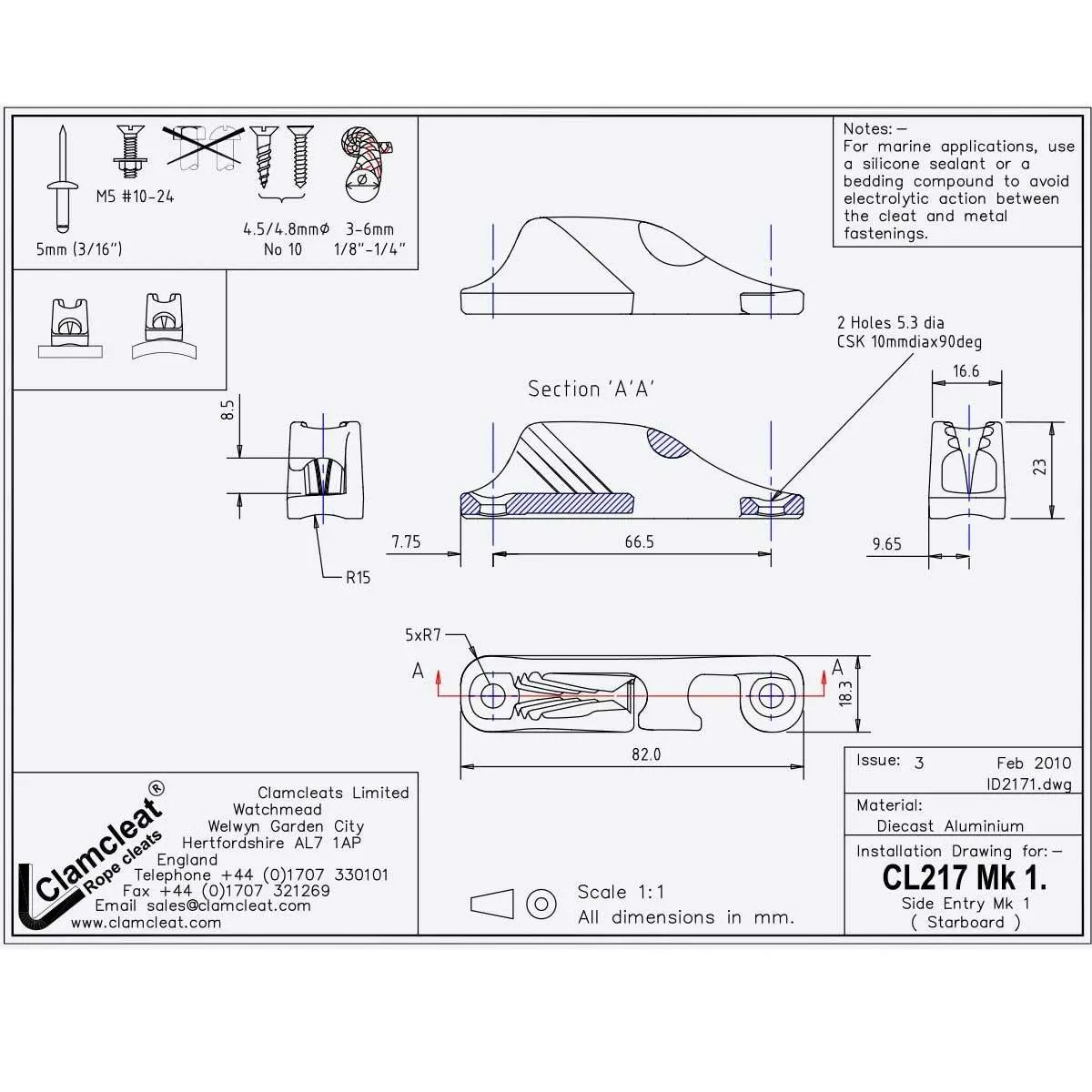 Clamcleat CL217 Mk1 Side Entry - Starboard - CL217 MK1