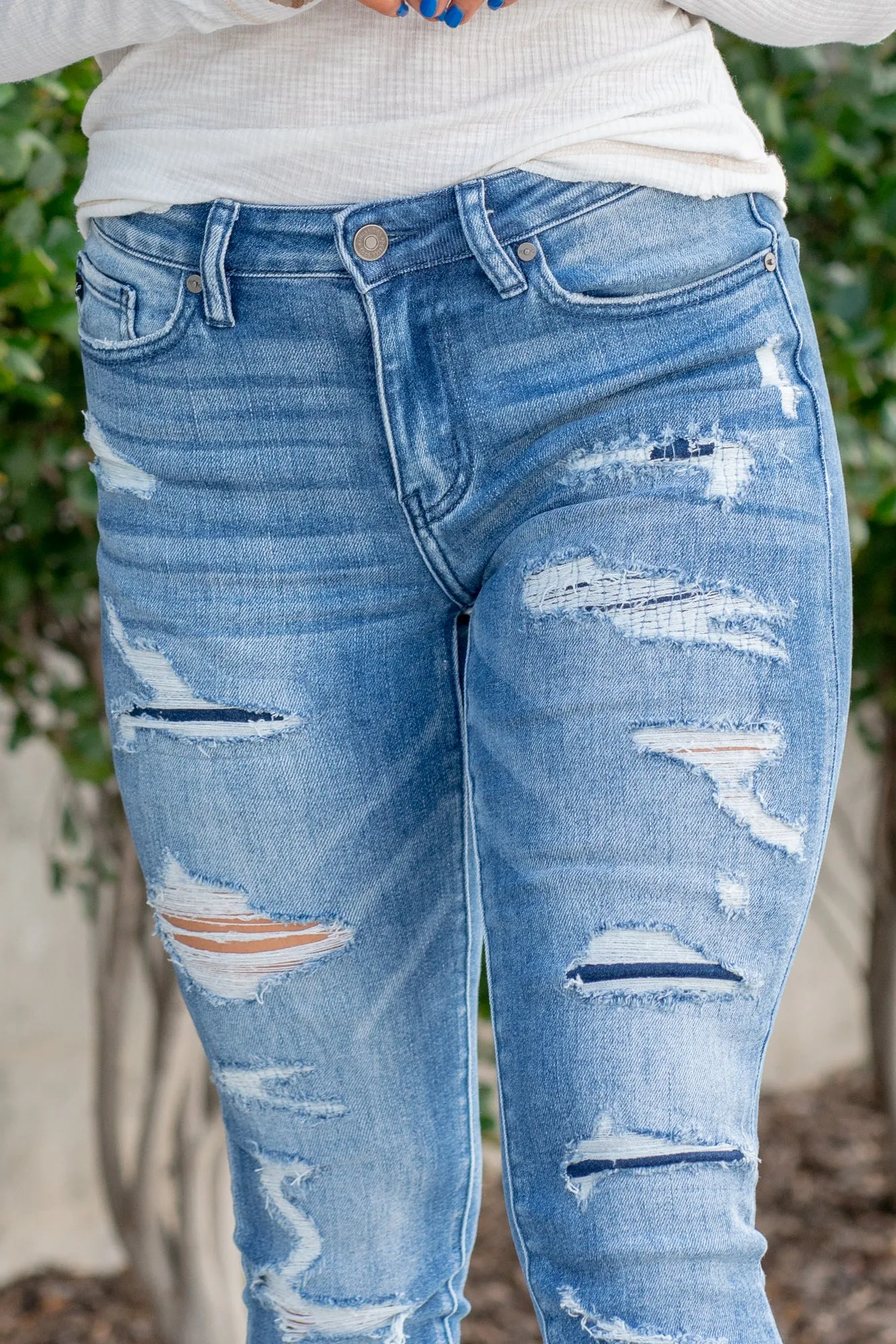 Denim Patch Mid Rise Ankle Skinny