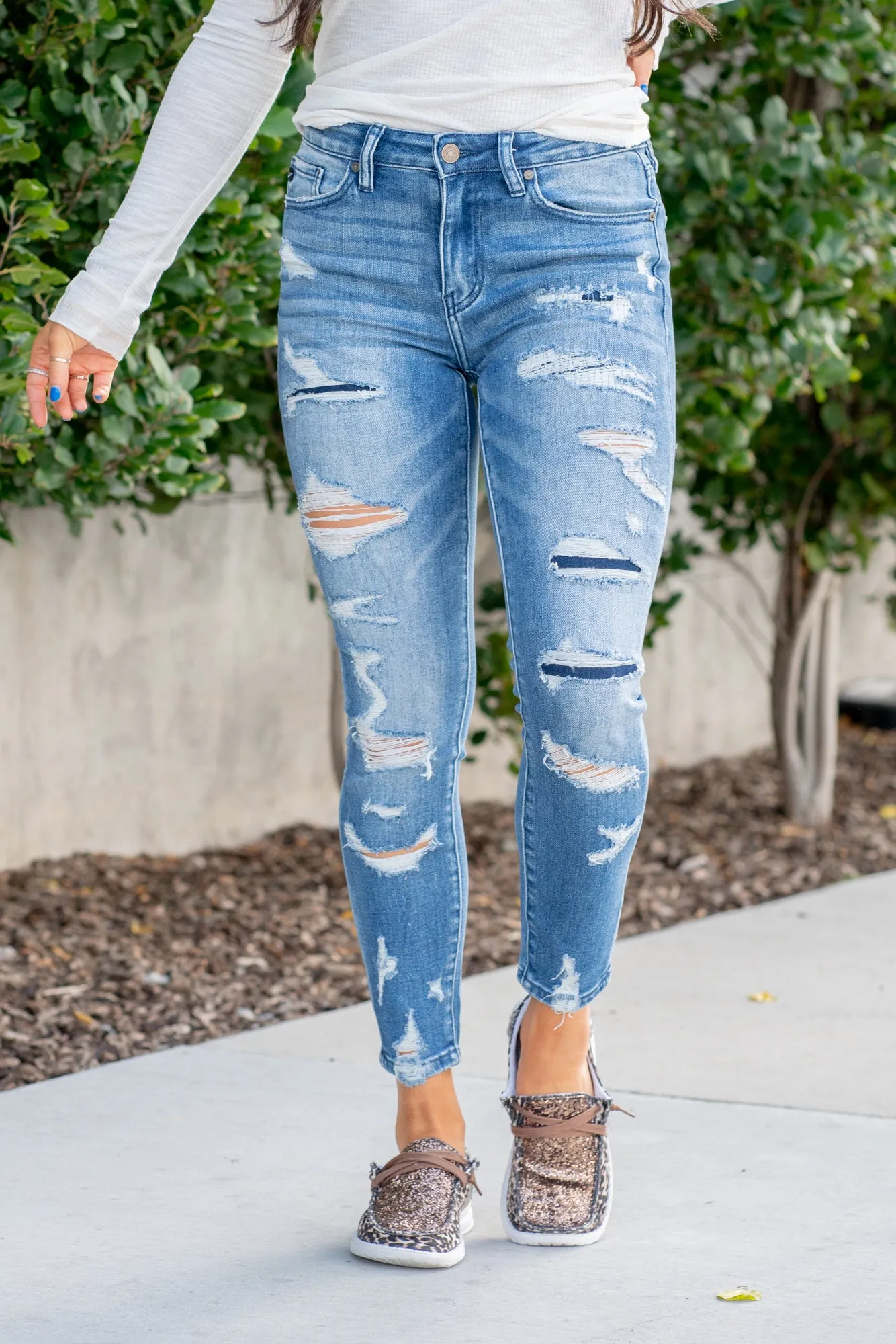 Denim Patch Mid Rise Ankle Skinny