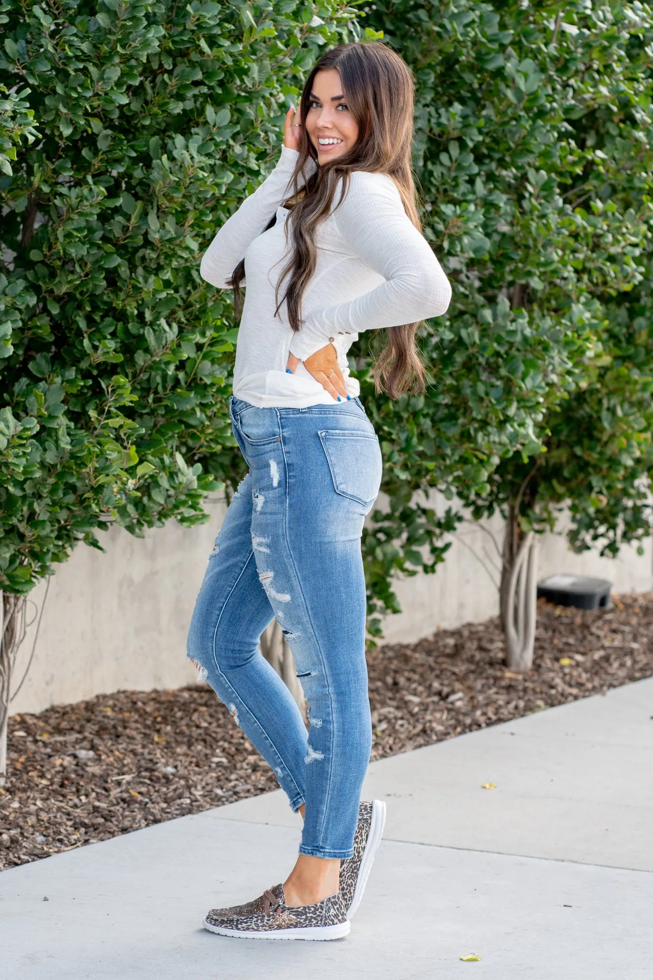 Denim Patch Mid Rise Ankle Skinny