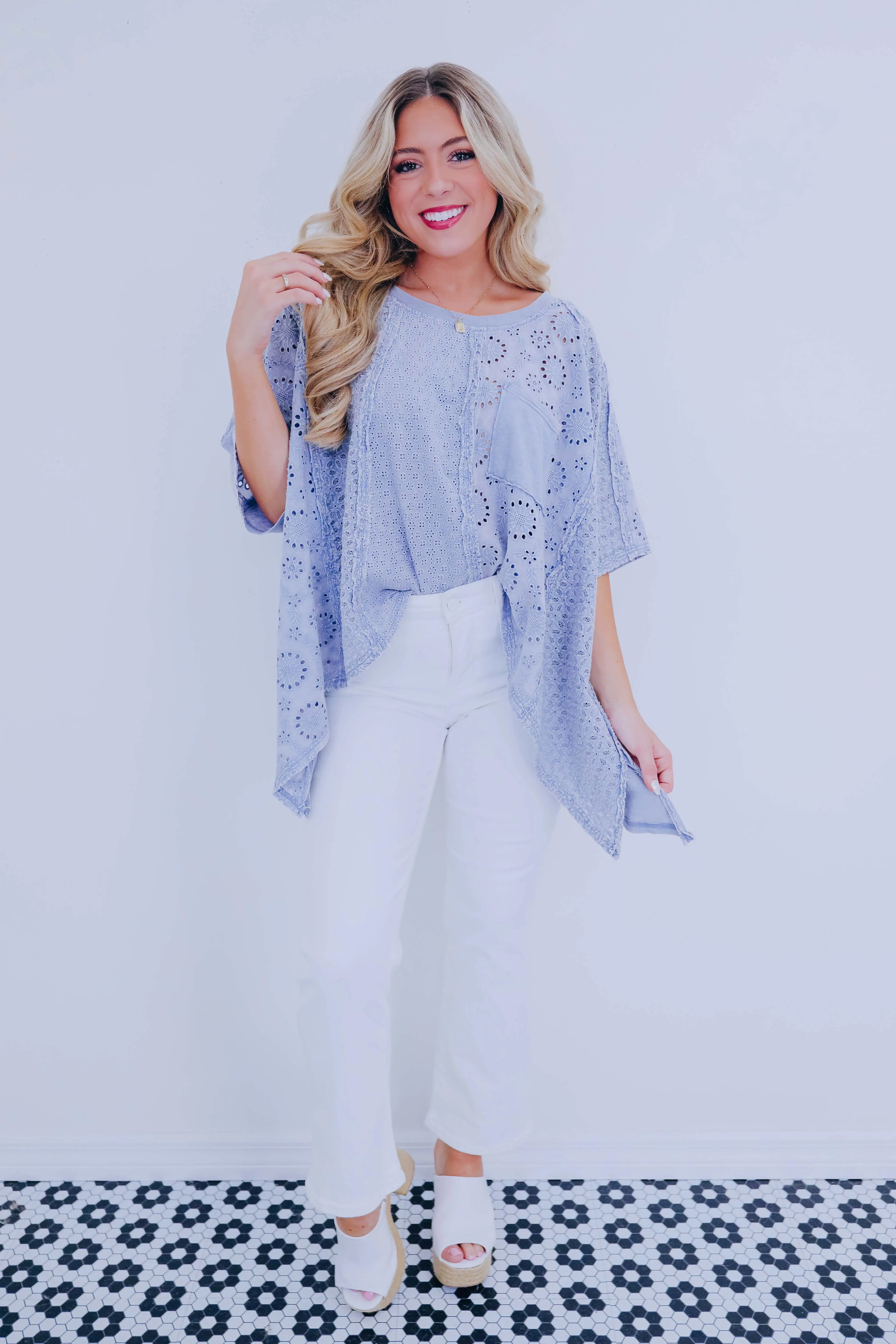Enchanting Washed Eyelet Oversized Top By Oli & Hali - 3 Colors