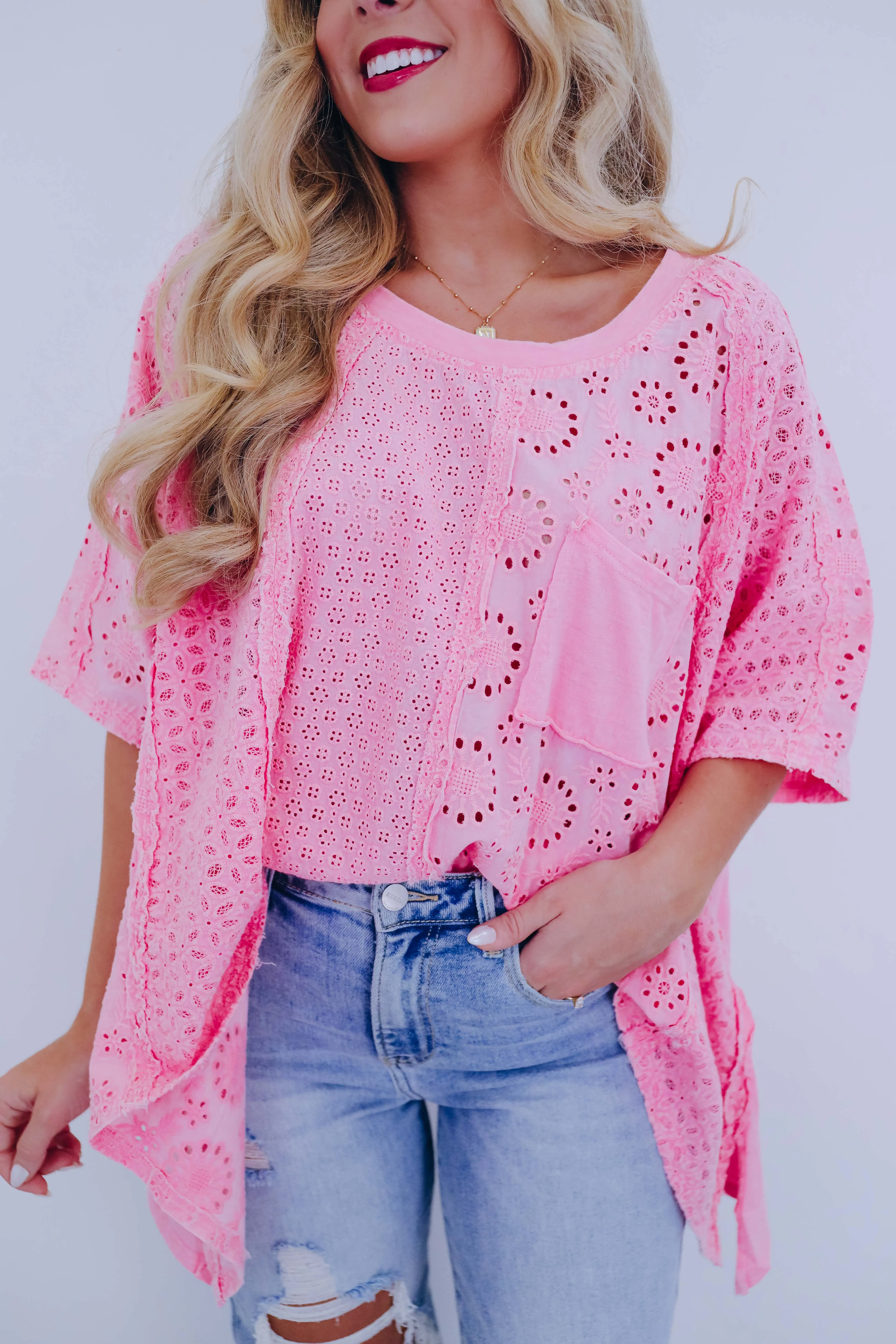 Enchanting Washed Eyelet Oversized Top By Oli & Hali - 3 Colors