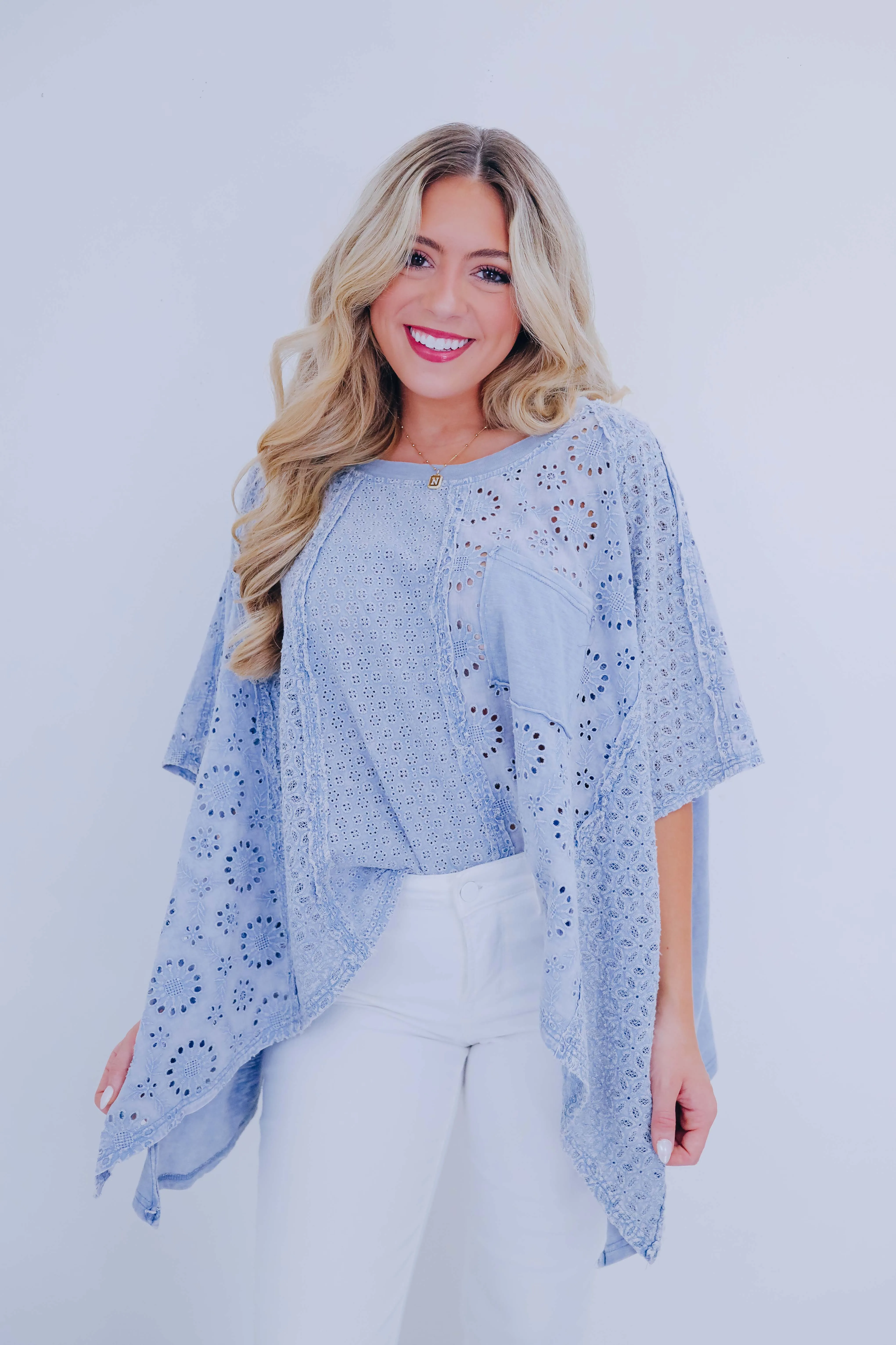 Enchanting Washed Eyelet Oversized Top By Oli & Hali - 3 Colors