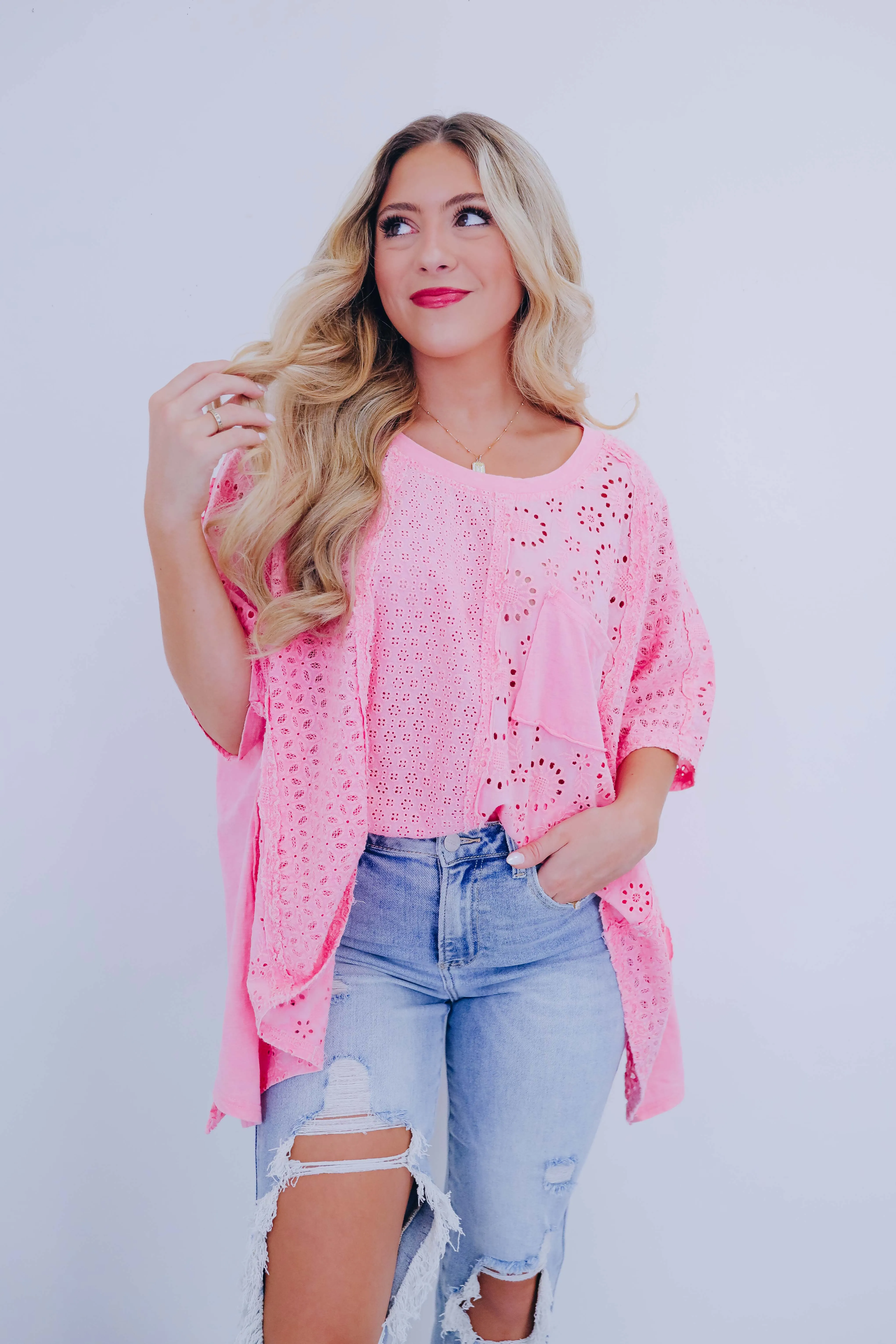Enchanting Washed Eyelet Oversized Top By Oli & Hali - 3 Colors