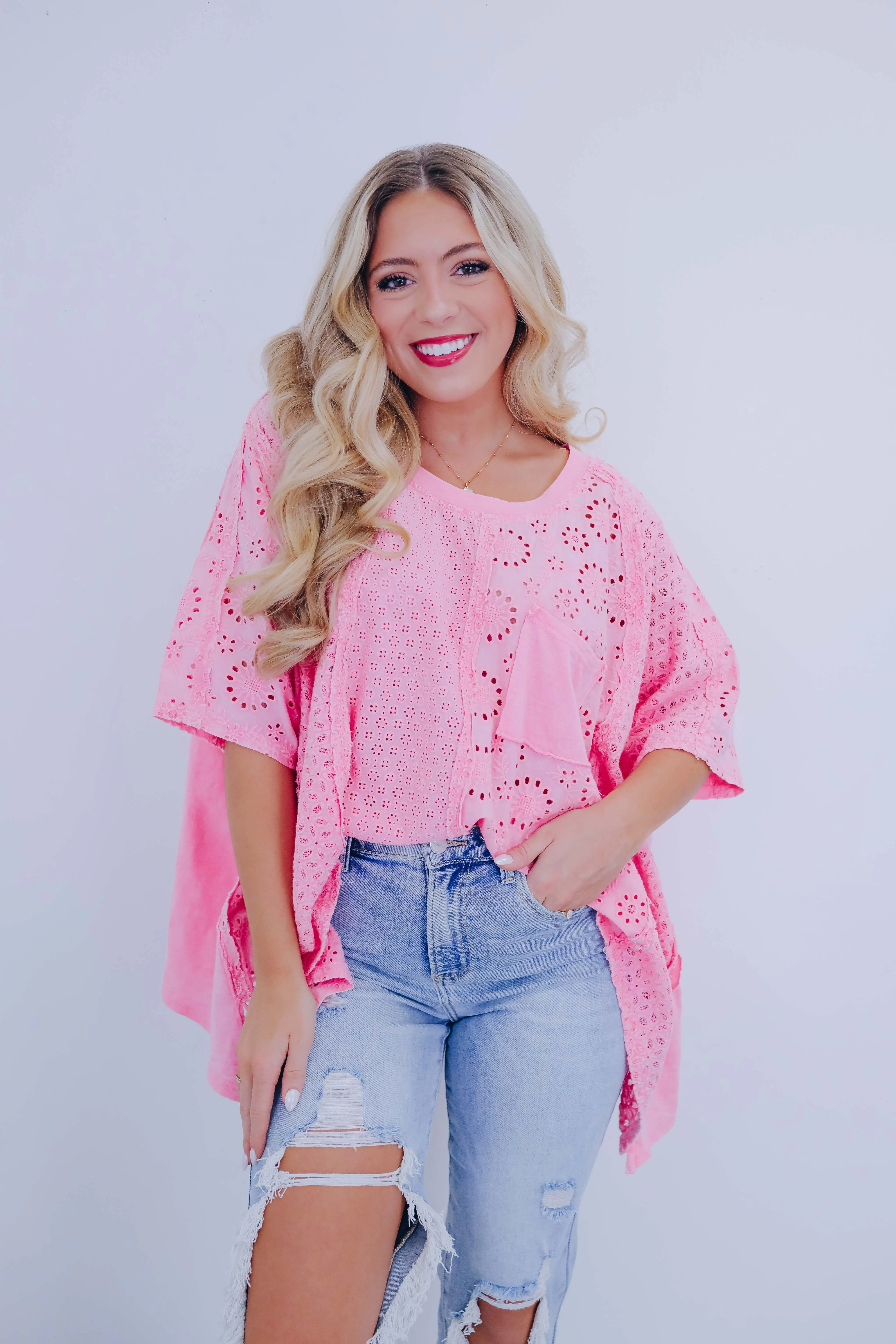 Enchanting Washed Eyelet Oversized Top By Oli & Hali - 3 Colors
