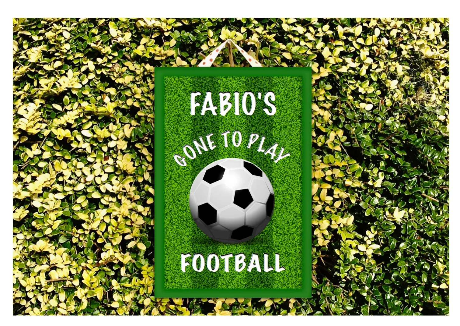 GONE TO PLAY FOOTBALL Personalised Metal or Wood Sign: Green Grass
