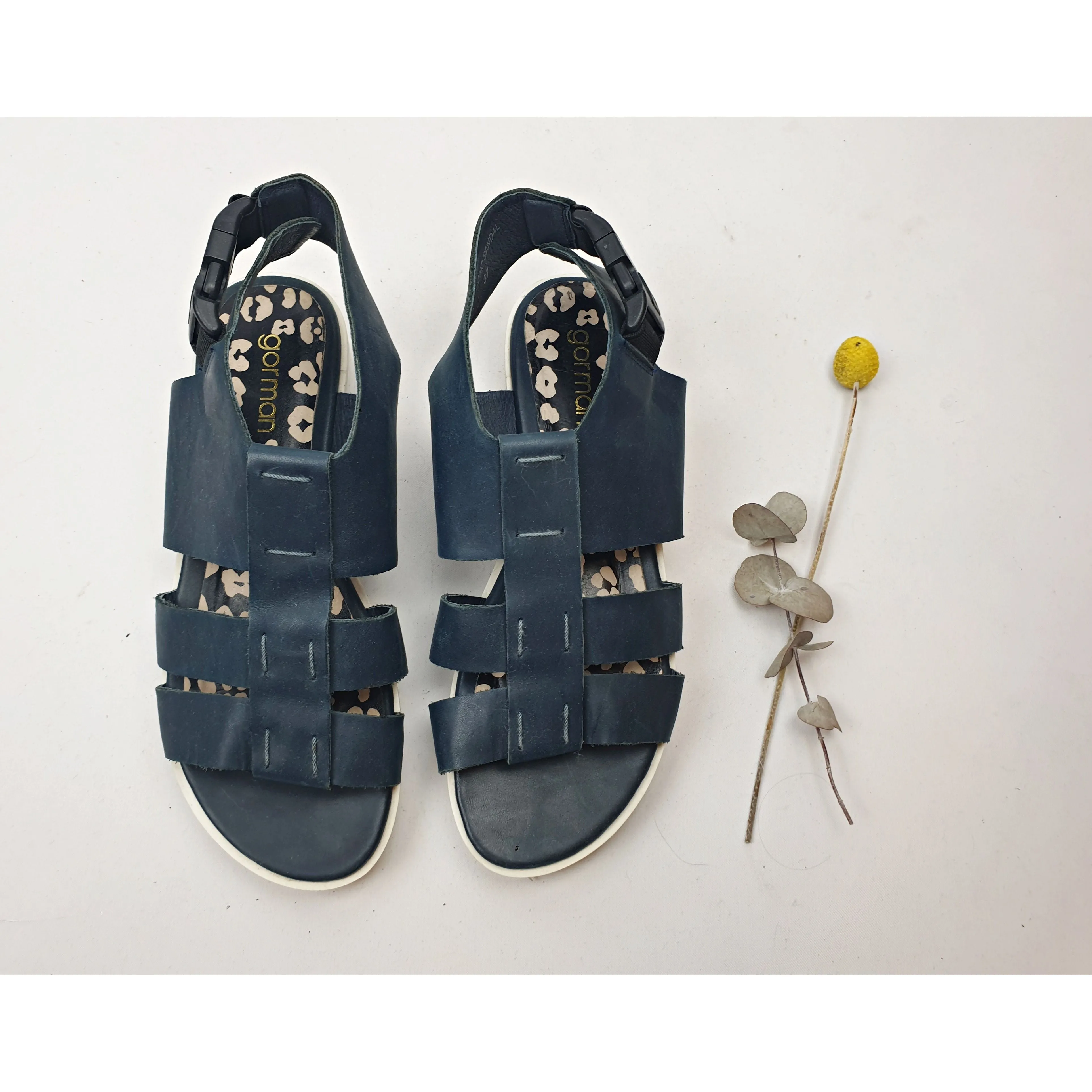 Gorman navy leather sandals with white low wedge soles size 37