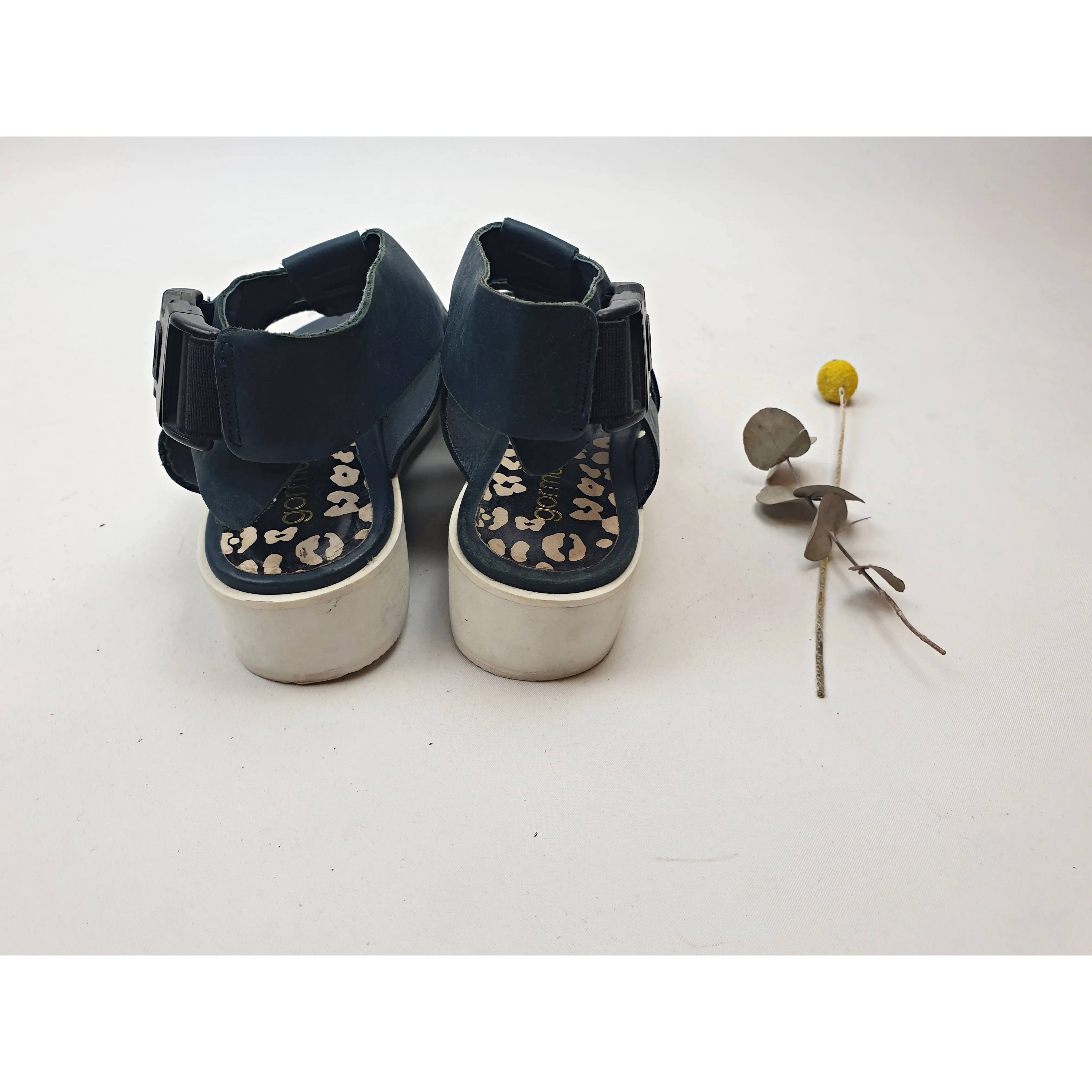 Gorman navy leather sandals with white low wedge soles size 37