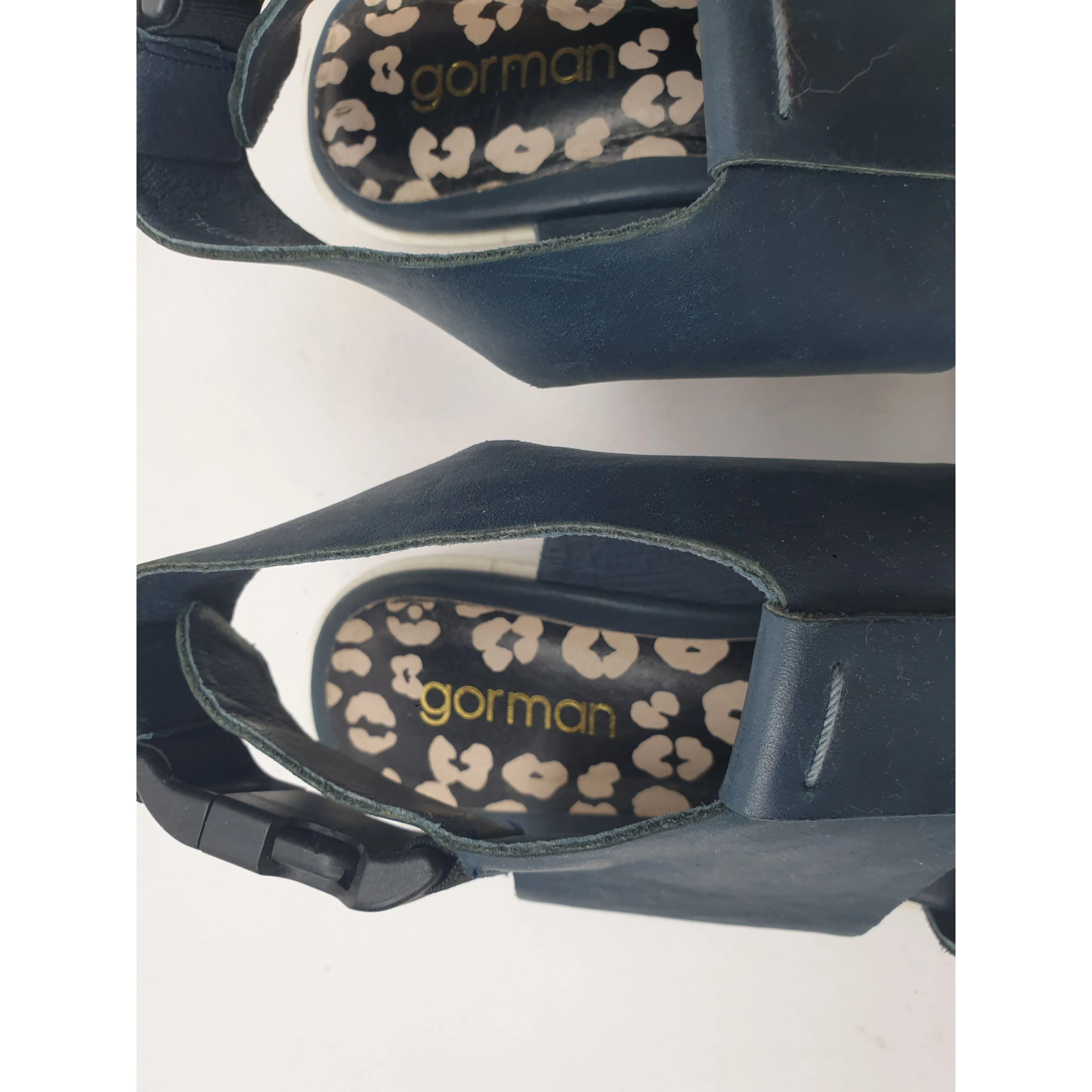 Gorman navy leather sandals with white low wedge soles size 37