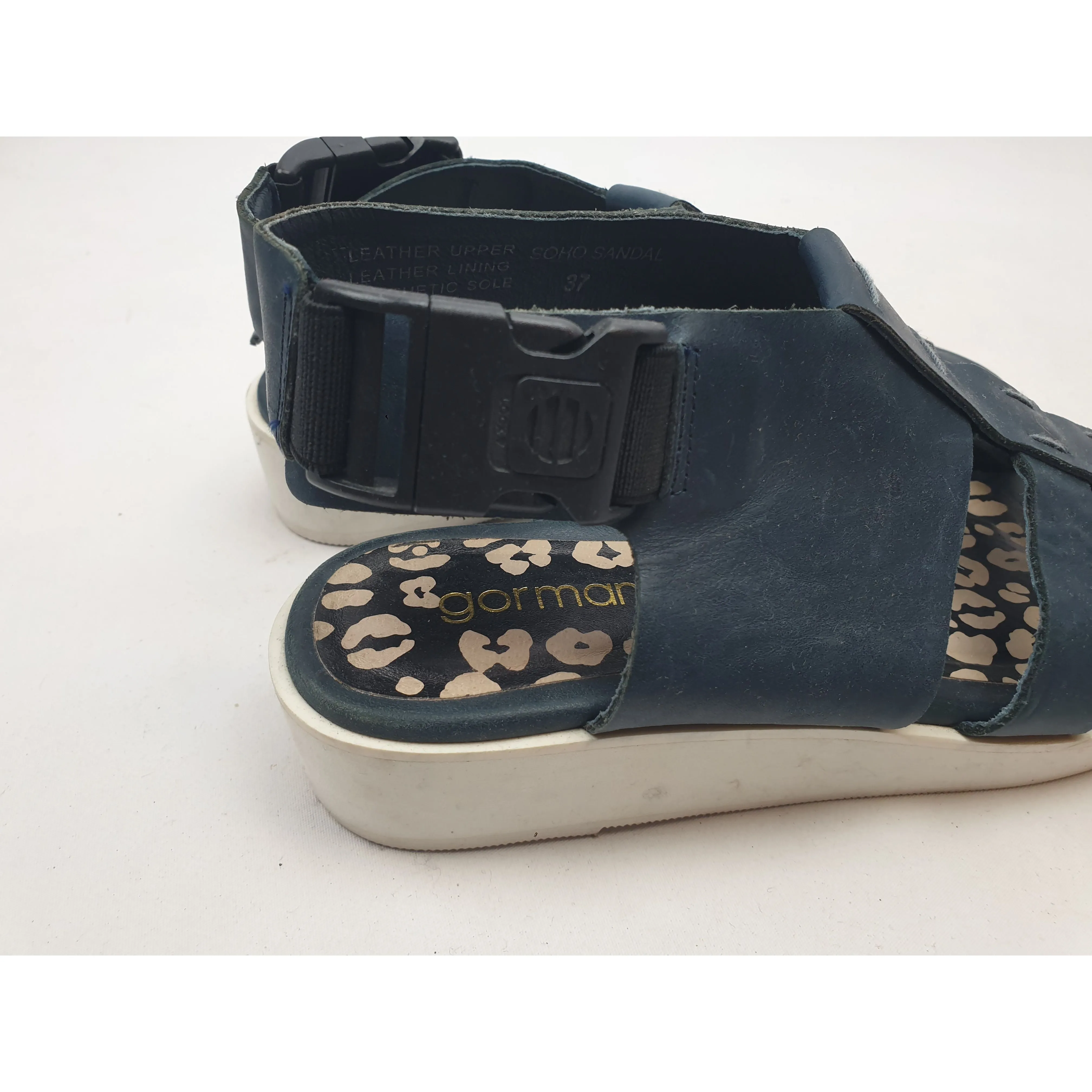 Gorman navy leather sandals with white low wedge soles size 37