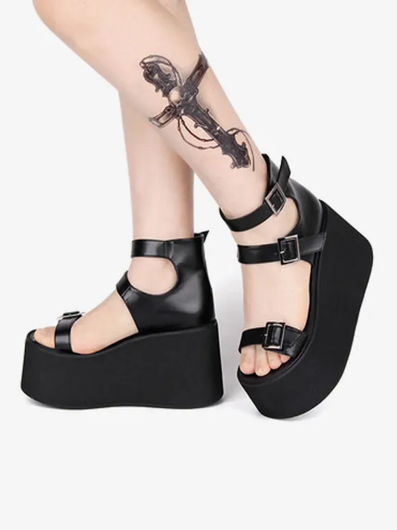 Gothic Lolita Sandals Round Toe Patent PU Upper Black Lolita Summer Shoes