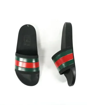 GUCCI - Iconic Green & Red Stripe Slides "72" Black Slippers - 9