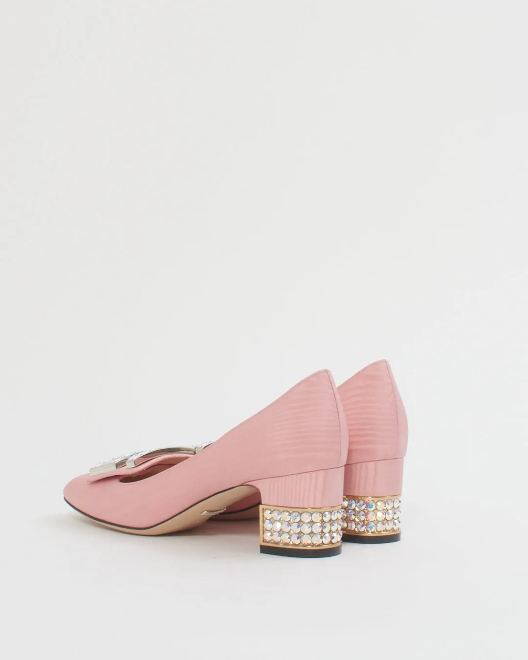 Gucci Pink Moire Fabric Crystal G Madelyn Mid-Heel Pumps