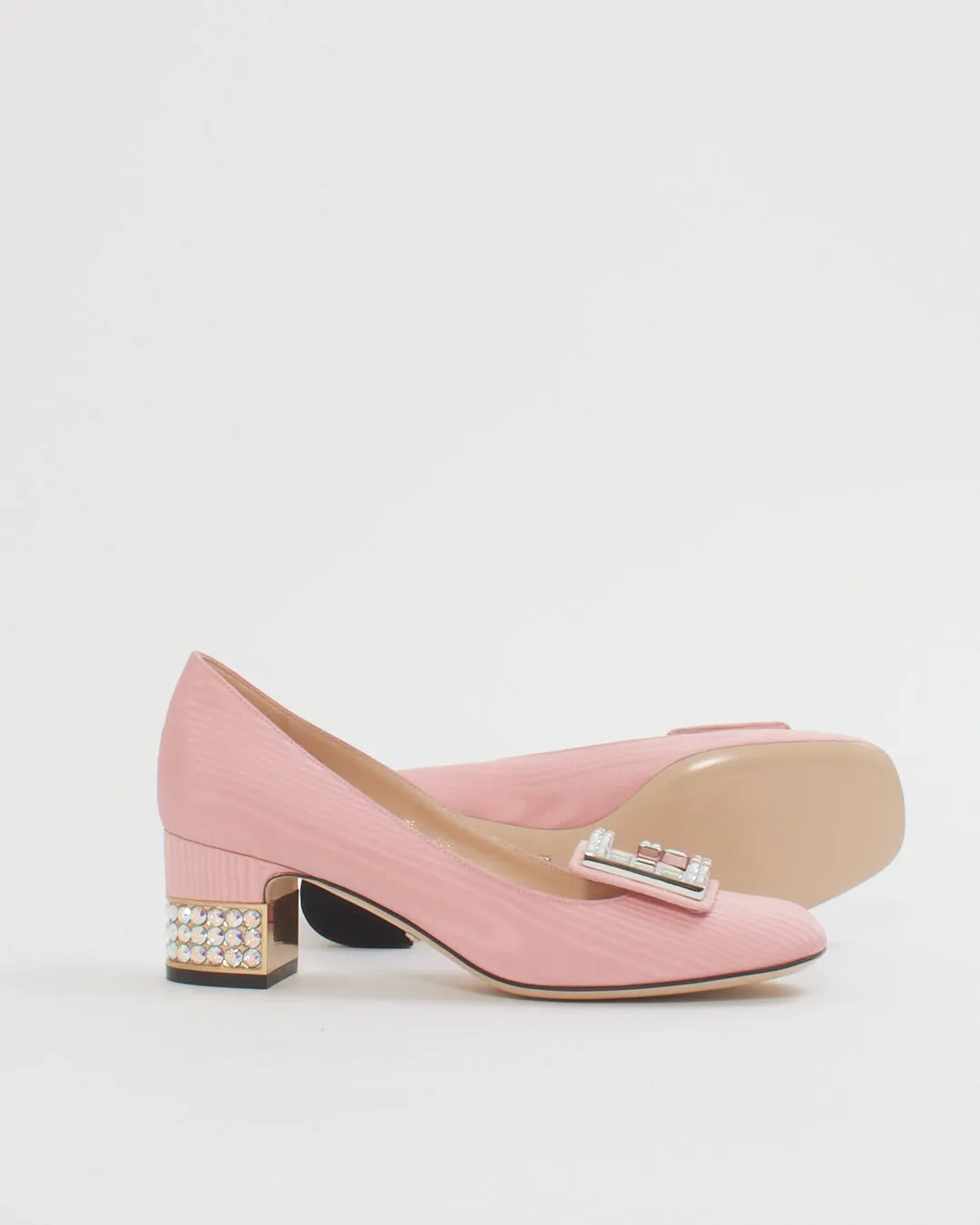 Gucci Pink Moire Fabric Crystal G Madelyn Mid-Heel Pumps