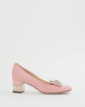 Gucci Pink Moire Fabric Crystal G Madelyn Mid-Heel Pumps