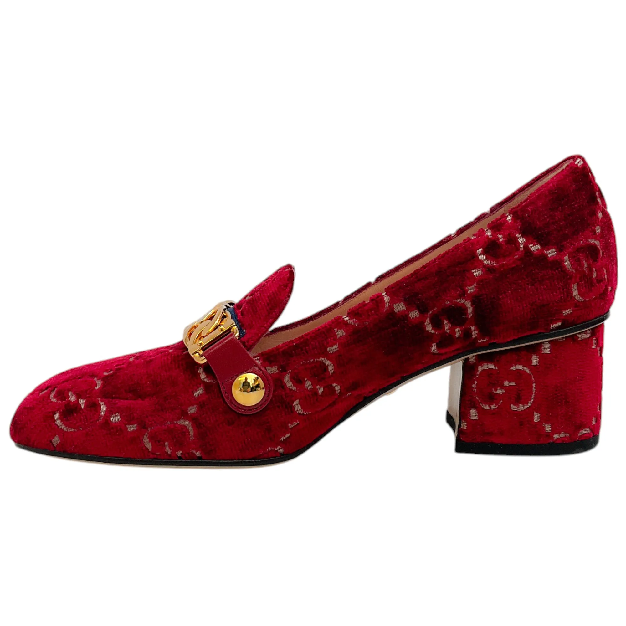 Gucci Red Velvet GG Monogram Sylvie Mid Heel Pumps