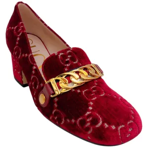 Gucci Red Velvet GG Monogram Sylvie Mid Heel Pumps