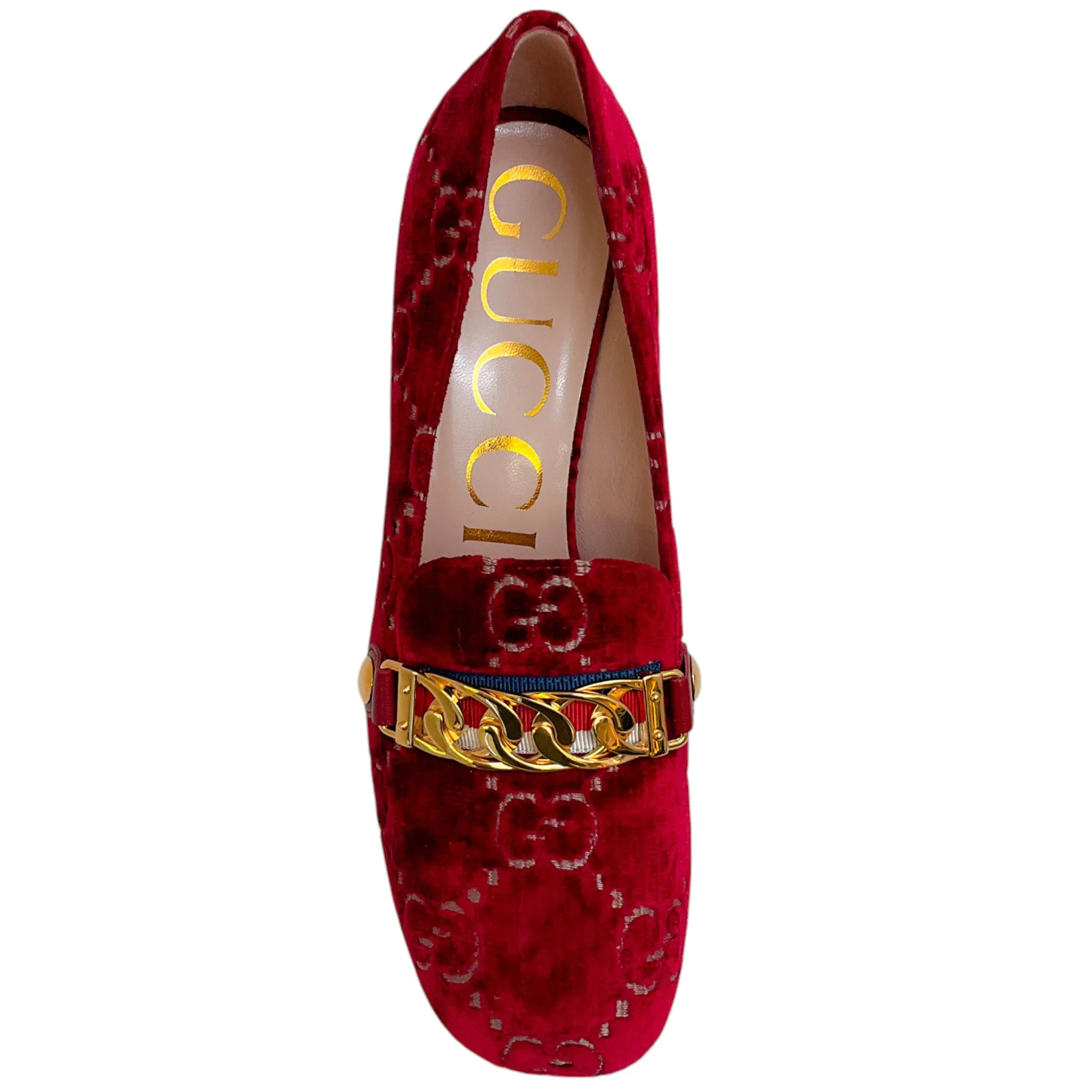Gucci Red Velvet GG Monogram Sylvie Mid Heel Pumps