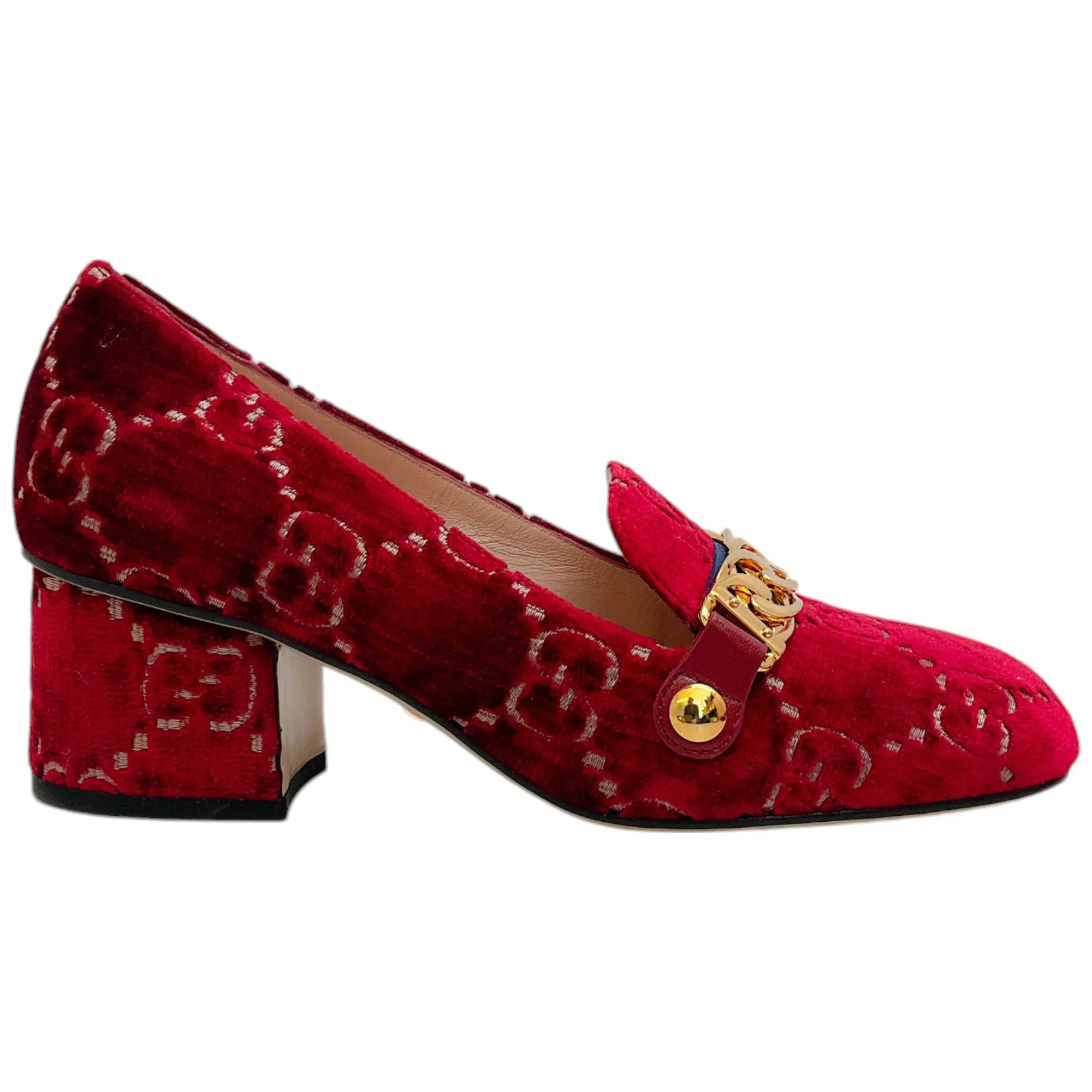 Gucci Red Velvet GG Monogram Sylvie Mid Heel Pumps