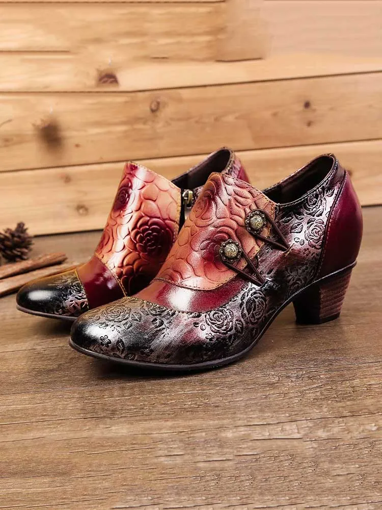Hand Embossed Leather Low Heel Shoes