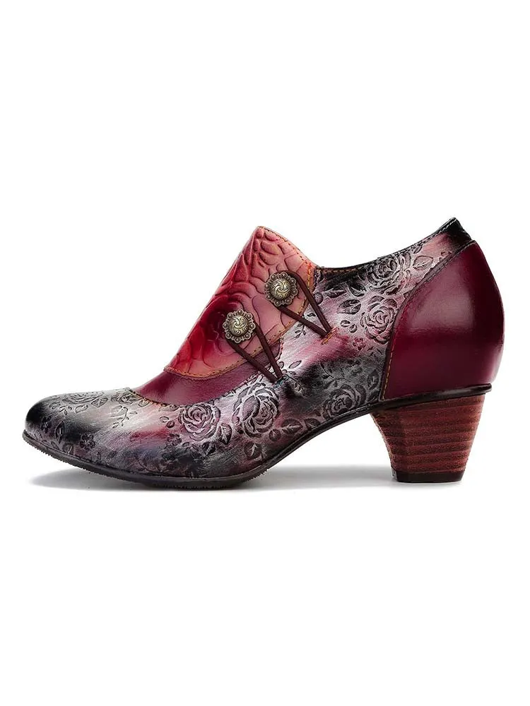 Hand Embossed Leather Low Heel Shoes