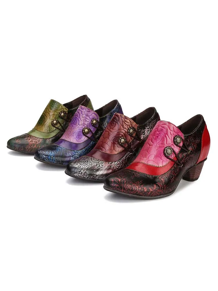 Hand Embossed Leather Low Heel Shoes
