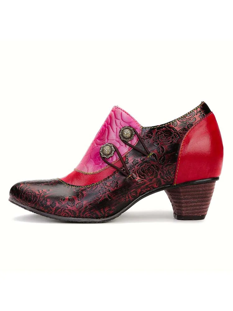 Hand Embossed Leather Low Heel Shoes