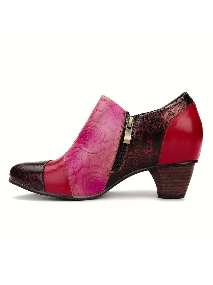 Hand Embossed Leather Low Heel Shoes