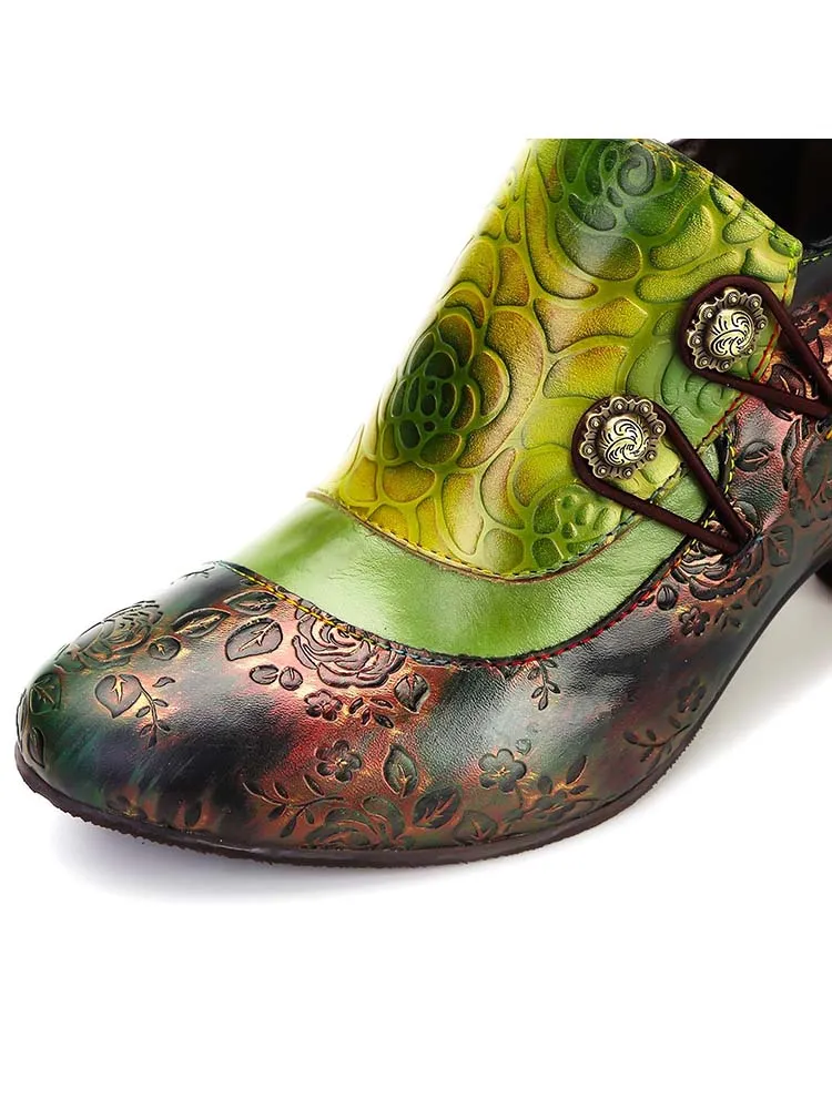 Hand Embossed Leather Low Heel Shoes