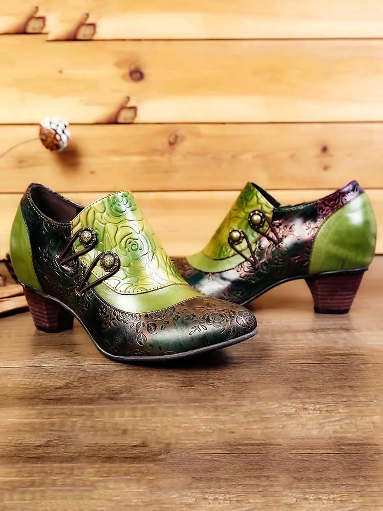 Hand Embossed Leather Low Heel Shoes